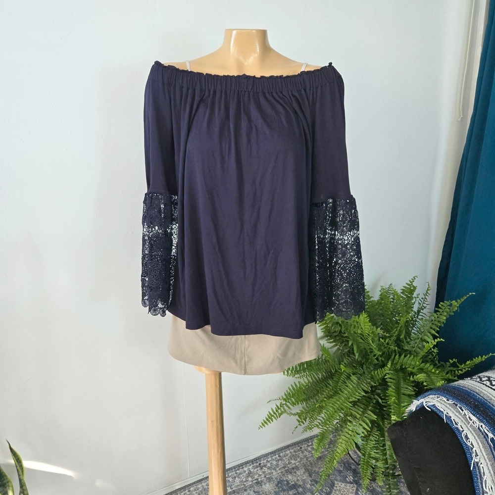 LOFT‎ Womens Blouse Navy Blue Medium Off The Shoulder Lace Bell Sleeve Bohemian